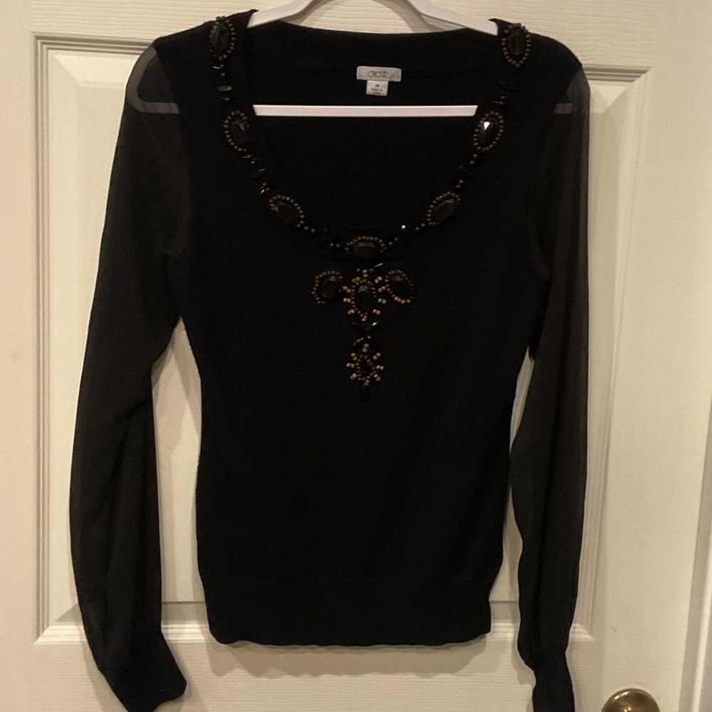 Cache Black Top with Beaded Embellishments